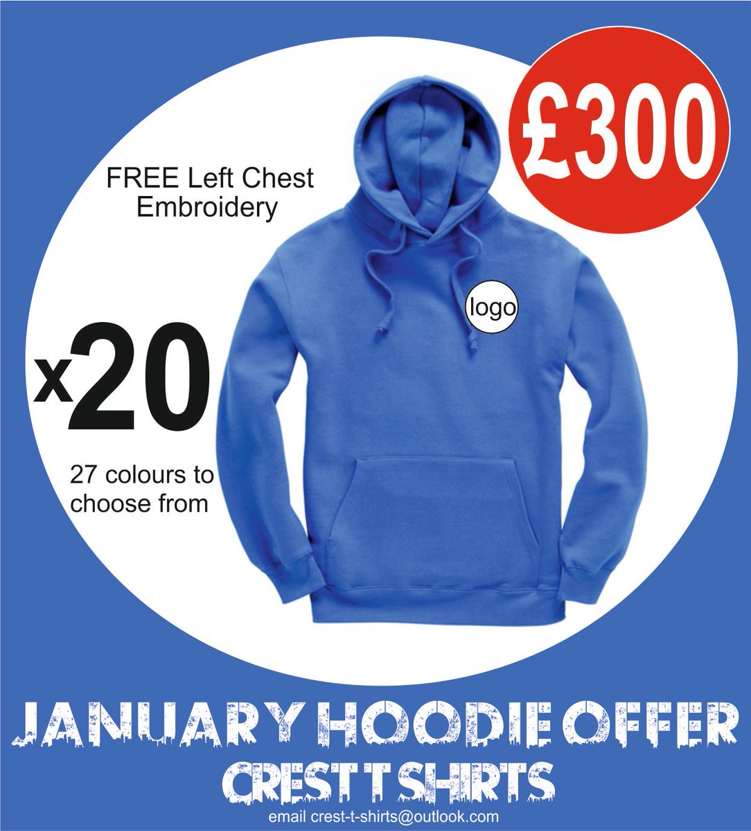 January Hoodie Offer - 20 for £300 with left chest Embroidery. 27 colours to choose from. Contact crest-t-shirts@outlook.com #offers #personalisedclothing #aberdeenshire #buylocal #embroidery #dundee #Staff #winter #branded #hoodie #smallbusiness #aberdeen #glasgow