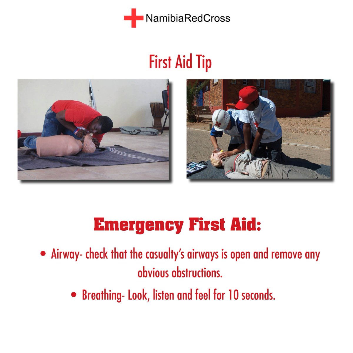 NamibiaRedCross's tweet photo. Emergency #FirstAidTip: Check that the casualty’s airways is open and remove any obvious obstructions. #FirstAidSavesLives https://t.co/0kQLNP9VjY