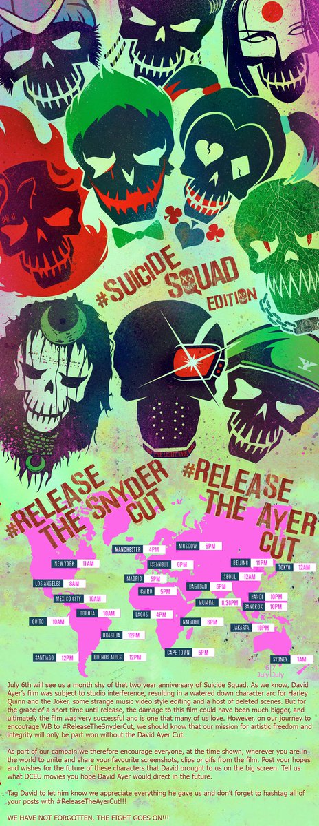 8.A event to show the fight for Snyder’s director's cut was about principles. That if we stood by Zack, we must also stand by David Ayer&the injustice done to him&his movie. We continue to support the release of David Ayer’s Director’s Cut of Suicide Squad.DATE: 6th July, 2018