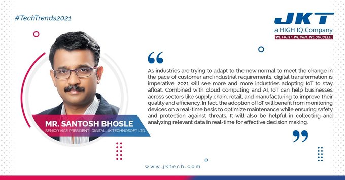 BIZBoost's tweet image. 2021 will see more and more industries adopting #IoT to stay afloat. Mr. Santosh Bhosle, Senior Vice President- Digital, JK Technosoft Ltd. shares his views on #TechTrends2021. 📸 @JKTechnosoft #TechTrends #Leadership #DigitalStrategy #InternetOfThings