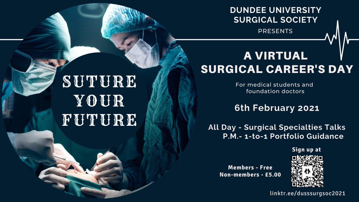 DundeeSurgSoc's tweet image. Join us on Saturday, the 6th of Feb 2021 8am via Zoom, for an excitingly informative day of careers talks by specialist registrars AND afternoon surgical portfolio review sessions with trainees! 

Event:
fb.me/e/3sg141WRC

FREE to DUSS MEMBERS. £5 Non-Members.  #surgery