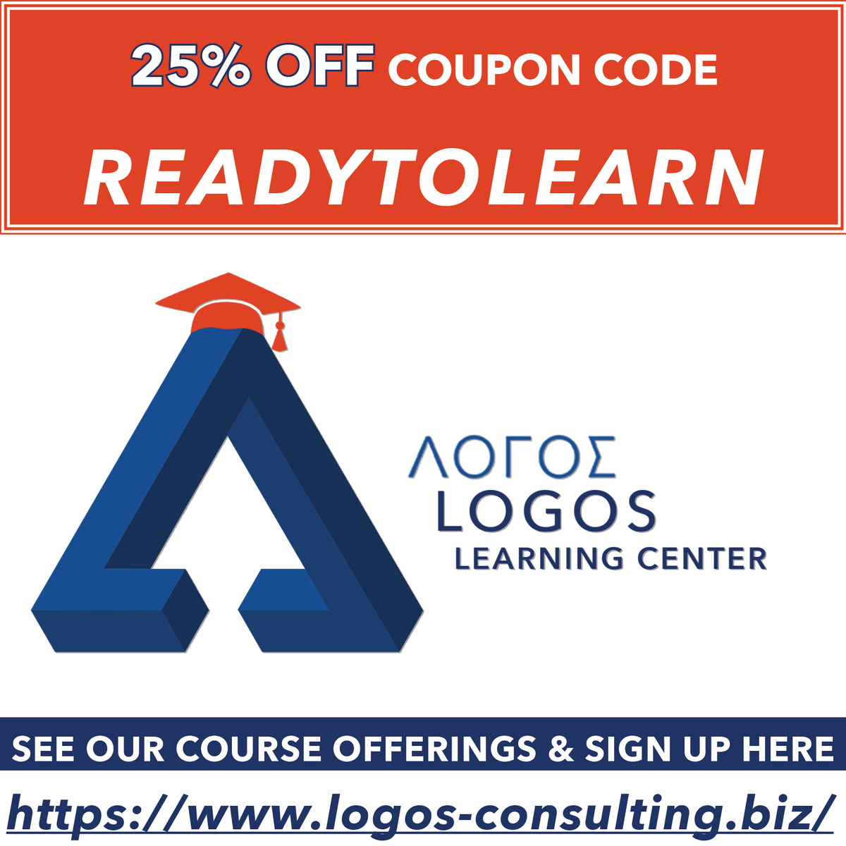 logosconsulting's tweet photo. We’re less than a week away from our first official #LogosLearningCenter class and are offering a special discount to celebrate! Use discount code READYTOLEARN for 25% off on your first class! Sign up for your first class at: https://t.co/uUZPMtGoqu #discount #Learning https://t.co/lltyCv9bwo