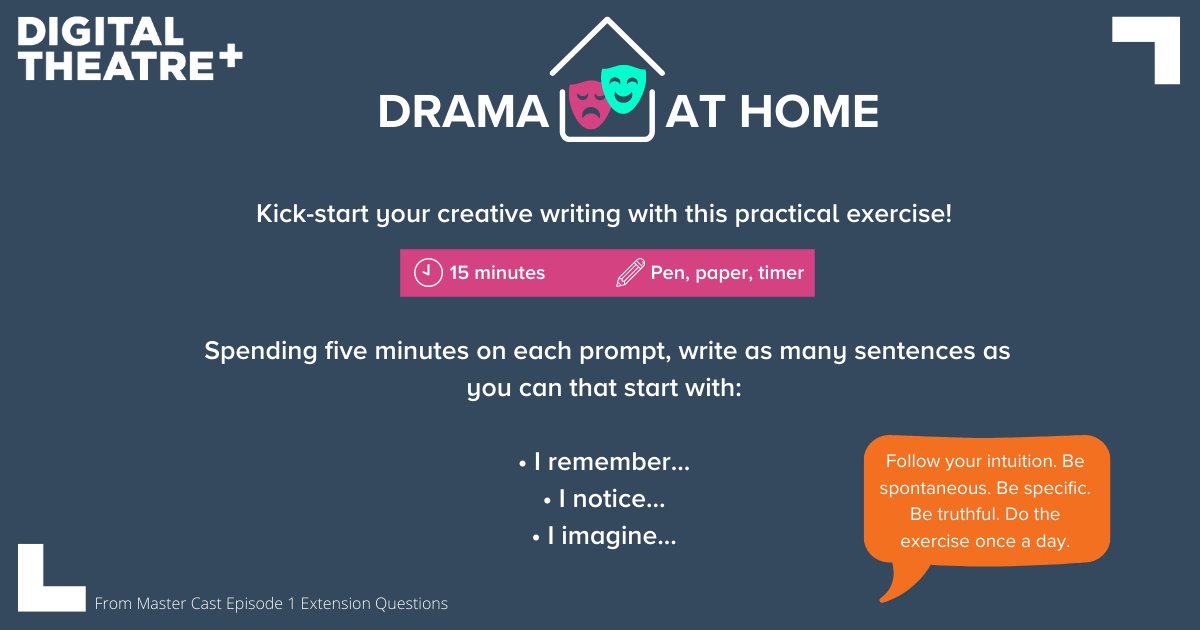 DT_Plus's tweet photo. Kickstart creative writing with this quick and easy exercise, designed to get creative juices flowing! π #DramaAtHome
This exercise comes from #MasterCast2020 with @StephensSimon and @WillyRussellUK πhttps://t.co/Etxt8tr07k
#RemoteLearning #HomeSchool #TeachingResources https://t.co/AZDjdjPSLf