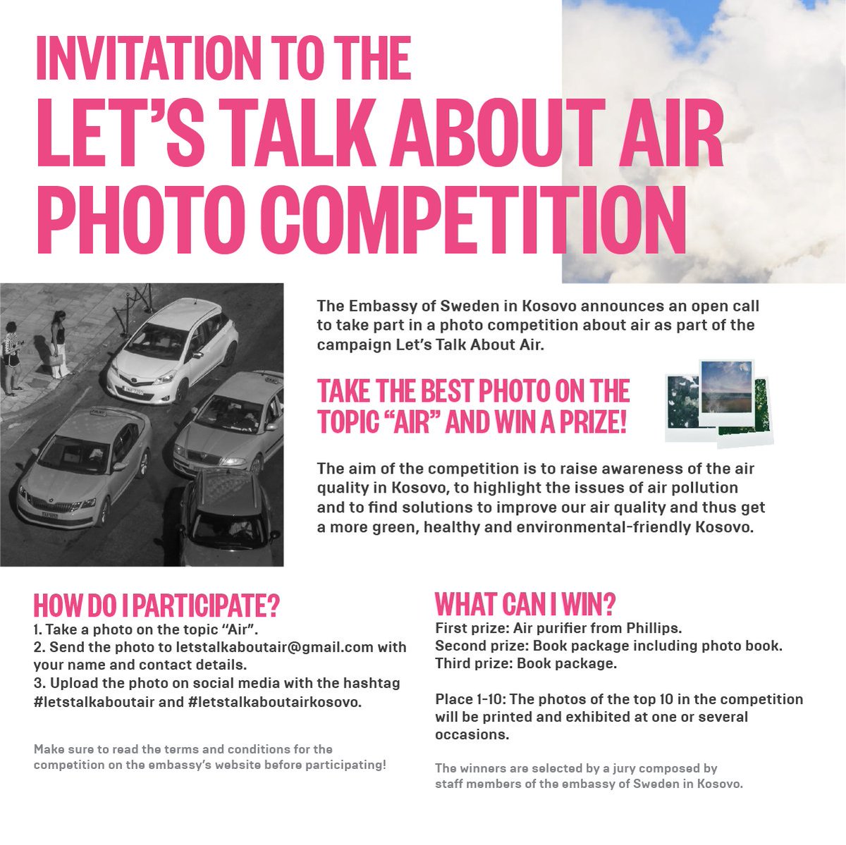 Join the photo competition #LetsTalkAboutAir! The competition aims to raise awareness of the air quality in Kosovo, highlight the issues of air pollution & to find solutions to improve our air and thus get a greener & healthier Kosovo. More info here: swedenabroad.se/en/embassies/k…