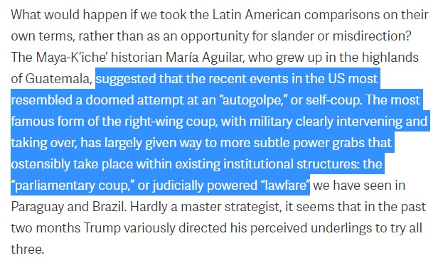 So that piece was largely about US historical amnesia, and the false line between the "civilized" West and the rest, but I want to talk about this part here, since there is a lot of debate about the use of the word "coup"  https://twitter.com/Vinncent/status/1348759497850970122
