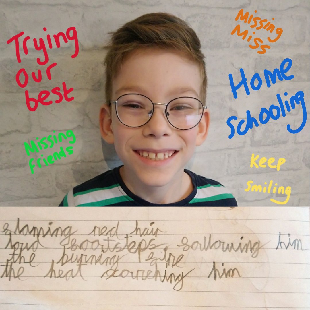 My boy wanted to say 'Home schooling isn't always easy, especially when it's lockdown. The video lessons are hard but I enjoy them'. Today has been a tricky day but after lots of effort a great poem was written 🙂 @OakNational @KateEBarron @stjoes21 #LearnWithOak #poem