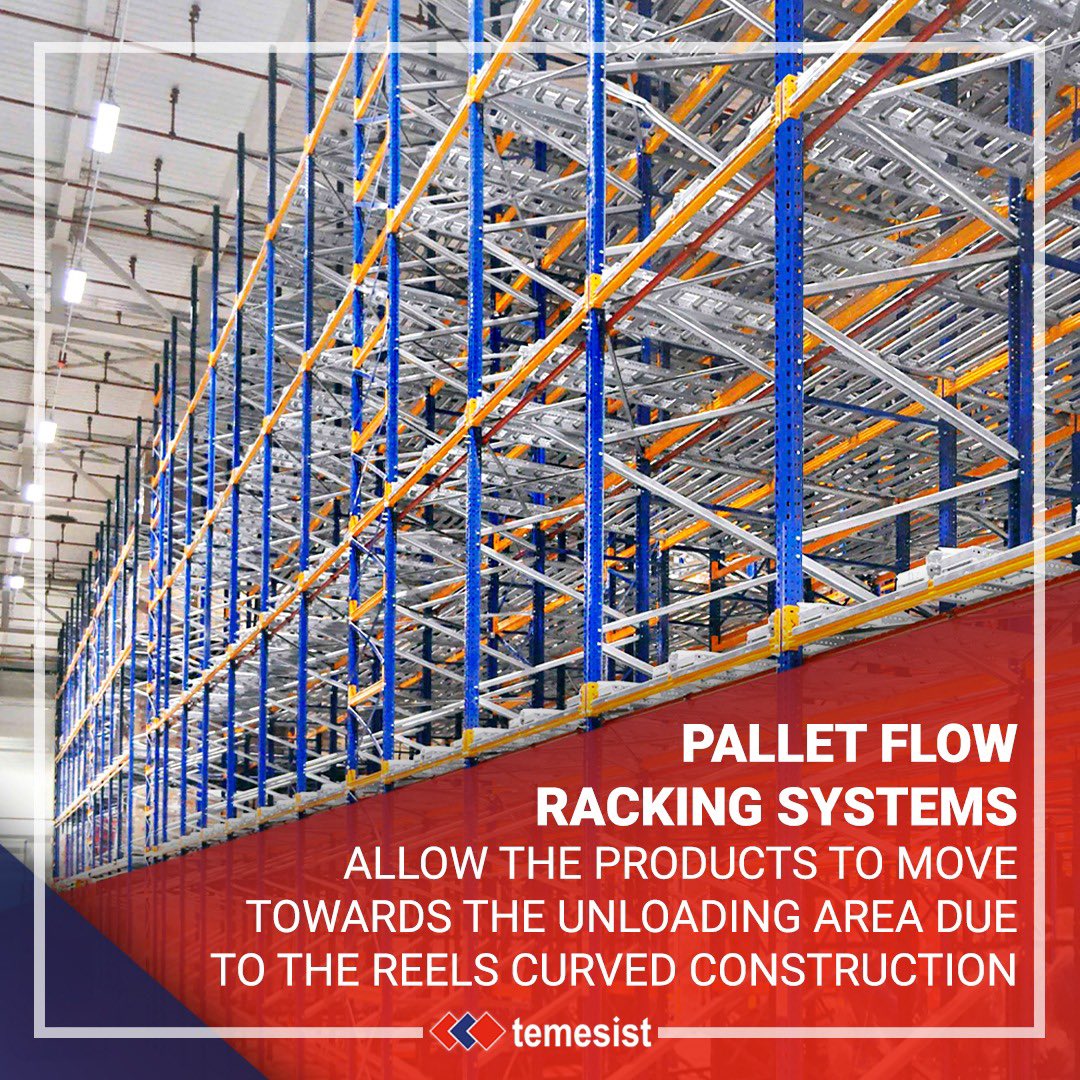 temesist's tweet image. 🇬🇧 Pallet flow racking systems allow the products to move towards the unloading area due to the reels’ curved construction.

🇹🇷 Kayar Raf Sistemleri makaraların eğimli yapısı sayesinde ürünlerin boşaltma yönüne doğru hareket etmesini sağlar. 

#temesist #kayarraf #flowracking