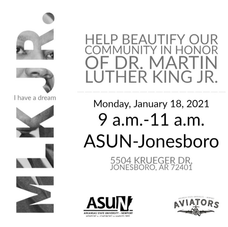 ChrisCross_SCC's tweet photo. Come join the fun with the @ASUNewport's Council for Diversity and Inclusion on Monday, January 18th, 2021, from 9:00 AM to 11: 00 AM. We will be cleaning up the MLK Jr Drive in Jonesboro, Arkansas. #BringGloves #BringMasks #Diversity #MLKDay #ServiceProject #CommunityEngagement https://t.co/vawhAYvV7f