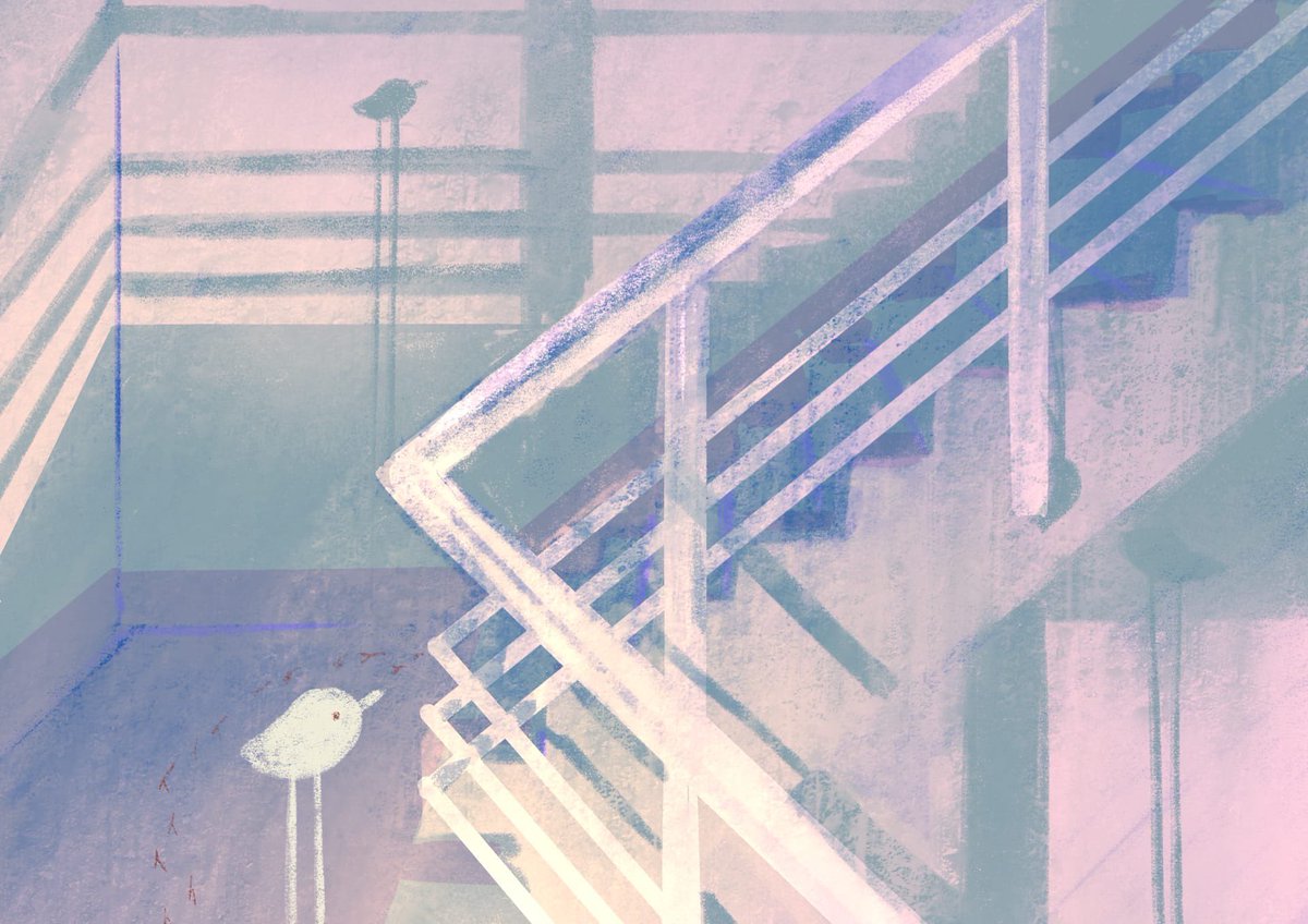 naivepinaa's tweet photo. hello everyone? i just like drawing staircases with fancy lighting, birds and mysterious girls......... #PortfolioDay https://t.co/Wqc9EGlcTG