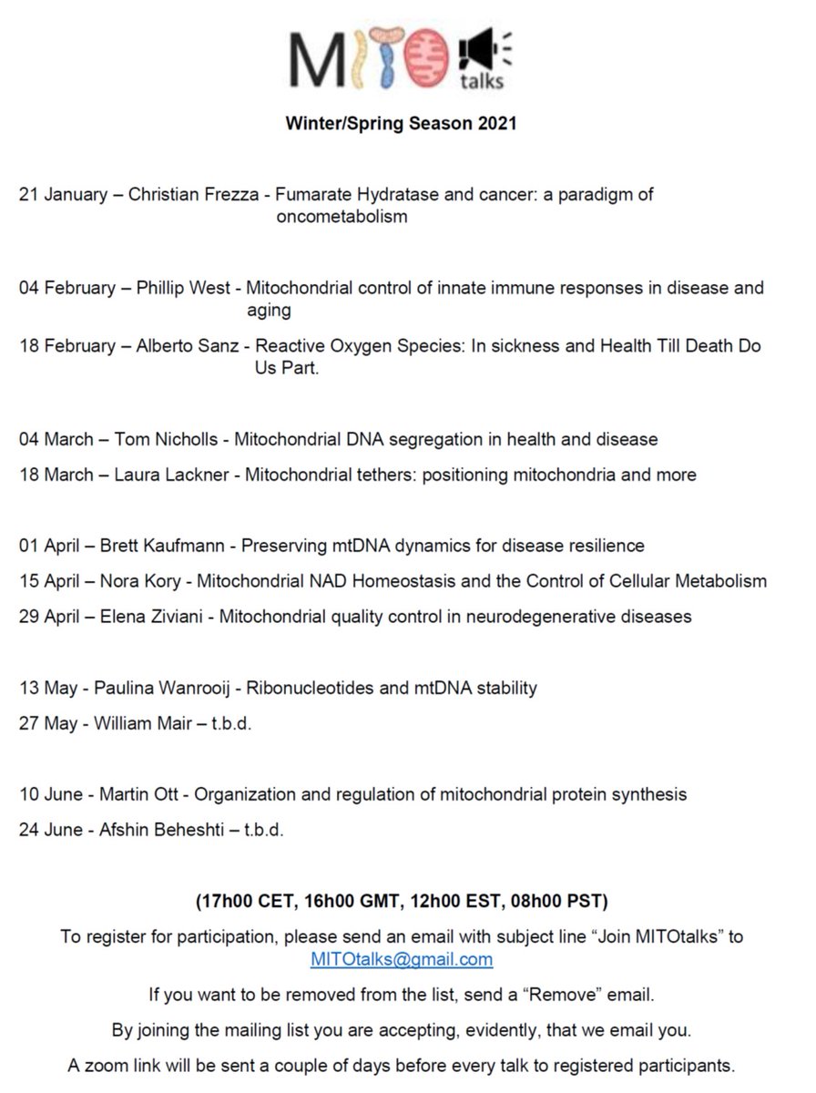 MITOtalks (@mitotalks) on Twitter photo Here is the schedule for the first MITOtalks season.
To register: email "Join MITOtalks" to MITOtalks@gmail.com
See you in two weeks for our opening act!
<a href="/FrezzaLab/">FrezzaLab</a> @LLLackner <a href="/kaufmanlabpitt/">Brett Kaufman Lab</a> @nora_kory <a href="/ElenaEleziv/">Elena Ziviani</a> <a href="/PaulinaWanrooij/">Paulina Wanrooij</a> <a href="/TheMAIRLab/">Metabolism and Aging Integrative Research Lab</a> <a href="/Ott_MitoLab/">The Martin Ott lab</a> <a href="/AfshinBeheshti/">Afshin Beheshti</a> Here is the schedule for the first MITOtalks season.
To register: email "Join MITOtalks" to MITOtalks@gmail.com
See you in two weeks for our opening act!
<a href="/FrezzaLab/">FrezzaLab</a> @LLLackner <a href="/kaufmanlabpitt/">Brett Kaufman Lab</a> @nora_kory <a href="/ElenaEleziv/">Elena Ziviani</a> <a href="/PaulinaWanrooij/">Paulina Wanrooij</a> <a href="/TheMAIRLab/">Metabolism and Aging Integrative Research Lab</a> <a href="/Ott_MitoLab/">The Martin Ott lab</a> <a href="/AfshinBeheshti/">Afshin Beheshti</a>