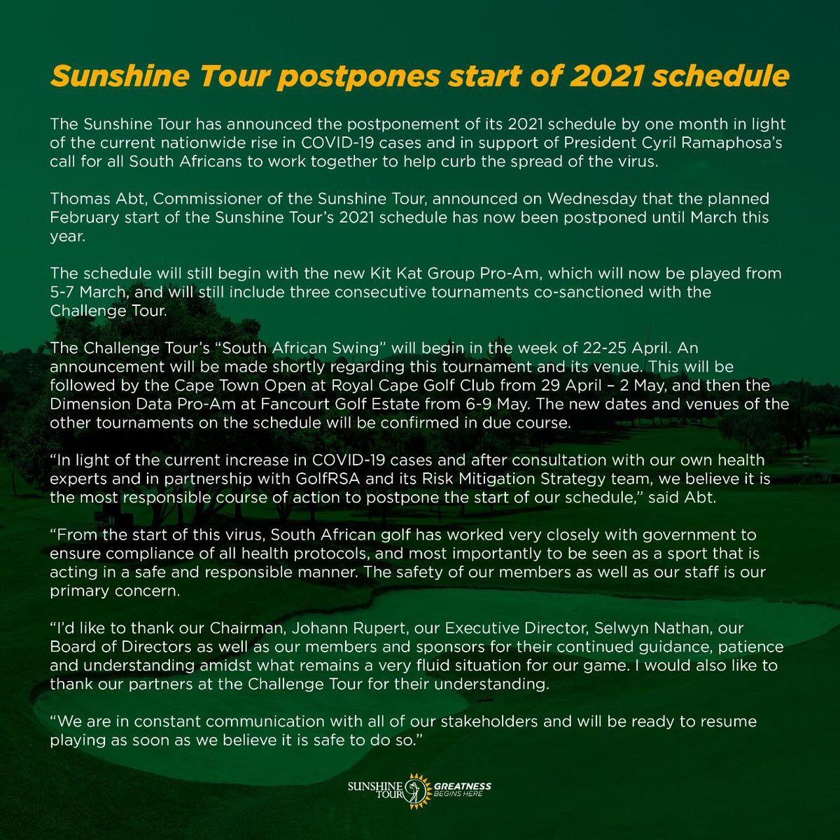 🚨| Due to #COVID19 the <a href="/Sunshine_Tour/">Sunshine Tour</a> has decided to postpone the upcoming events pushing them back to later in the year. 🔜

Follow <a href="/ThomasAbt7/">Thomas Abt</a> &amp; our social media channels for future announcements. 🇿🇦🏆

#GreatnessBeginsHere | #BreakingNews | #SunshineTour