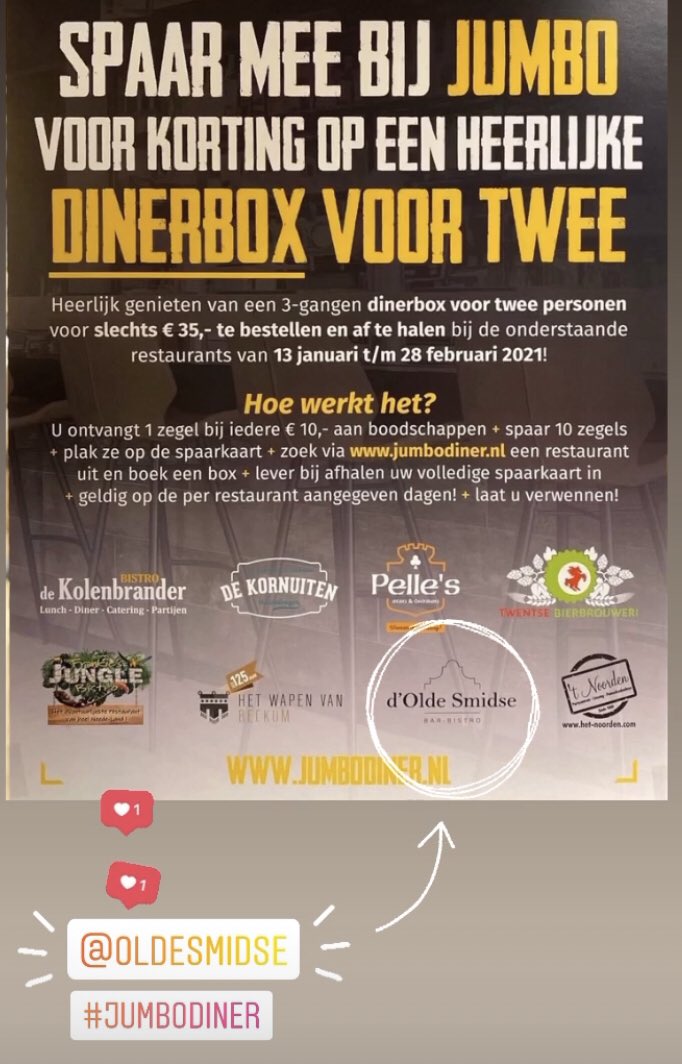 Naast de reguliere afhaal en bezorgkaart kun je nu ook voor een driegangen afhaaldiner sparen bij Jumbo Goor. #satekaway #smidseleven