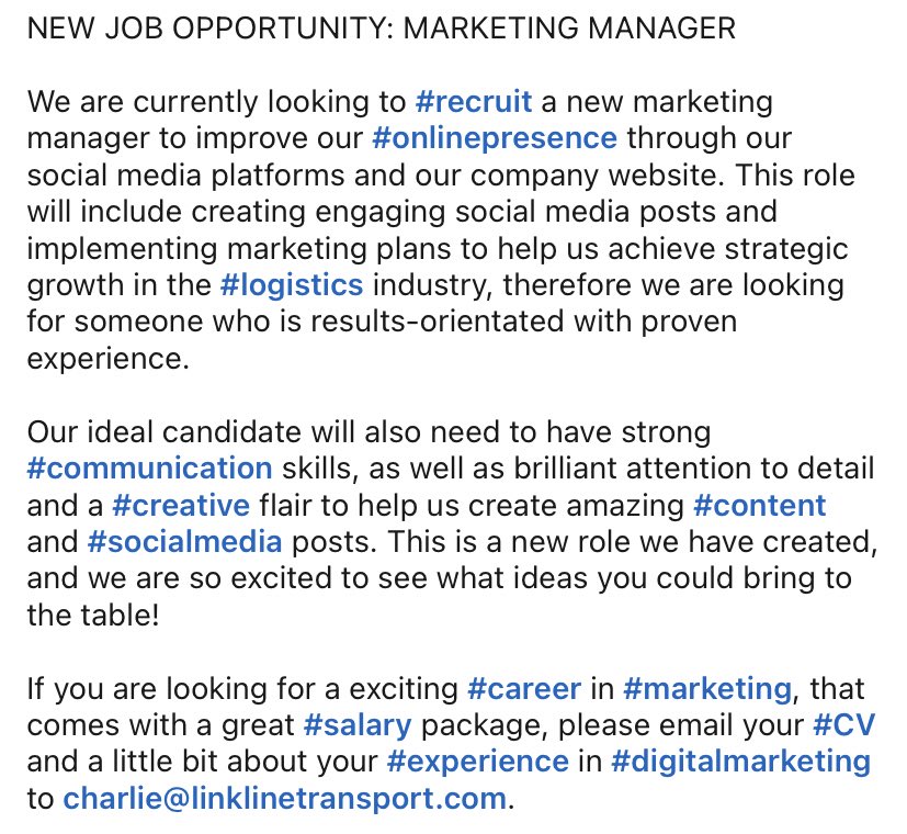 NOW HIRING: MARKETING MANAGER

At Linkline Transport we are looking to recruit a new #marketing manager to improve our online presence. We are looking for knowledgable candidates with proven experience! To apply please send your CV to charlie@linklinetransport.com #jobsearch