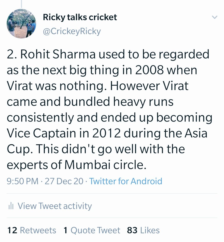 Said so already that 2012 is when the major chunk of hate started to build on Virat because of him getting ahead of Rohit.Virat in 2012,• Cemented his place in the tests• Became a major ODI player• Became the Vice CaptainThe lobby totally got rattled.  https://twitter.com/bhogleharsha/status/157673313911582721
