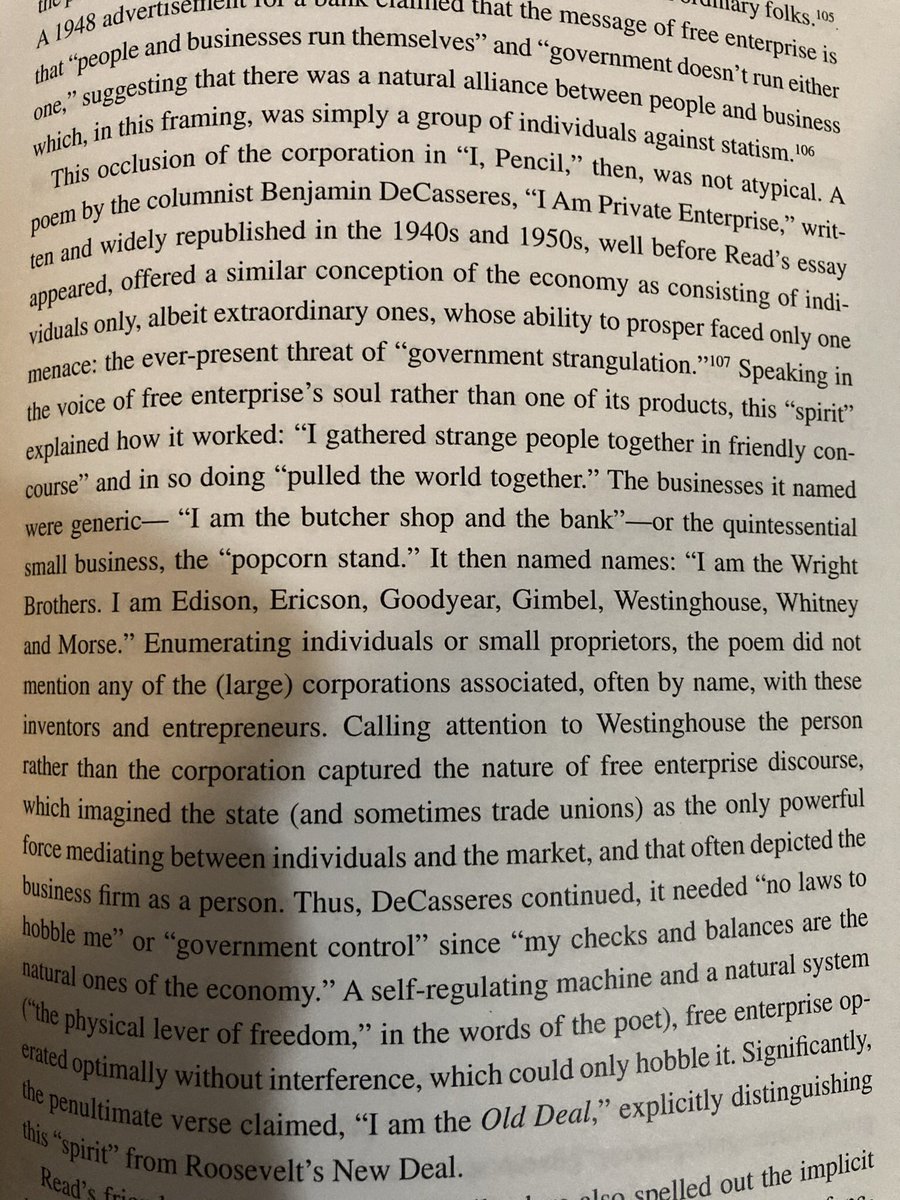 Here’s an example from my book (p. 187) of free enterprisers describing the economy “as consisting of individuals only...whose ability to proper faced only one menace: the ever-present threat of ‘government strangulation’”/3