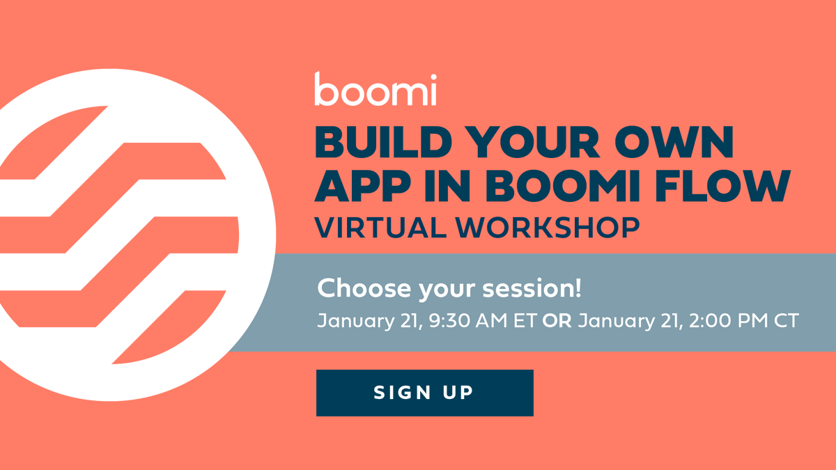 boomi's tweet photo. Who's ready to get hands-on building with Boomi Flow? We sure are! ✋🏽 Choose from two virtual workshops on January 21 and see just how easy it is to create a #lowcode app: https://t.co/UJHfgJkgiE https://t.co/z4Z5fPVMv8