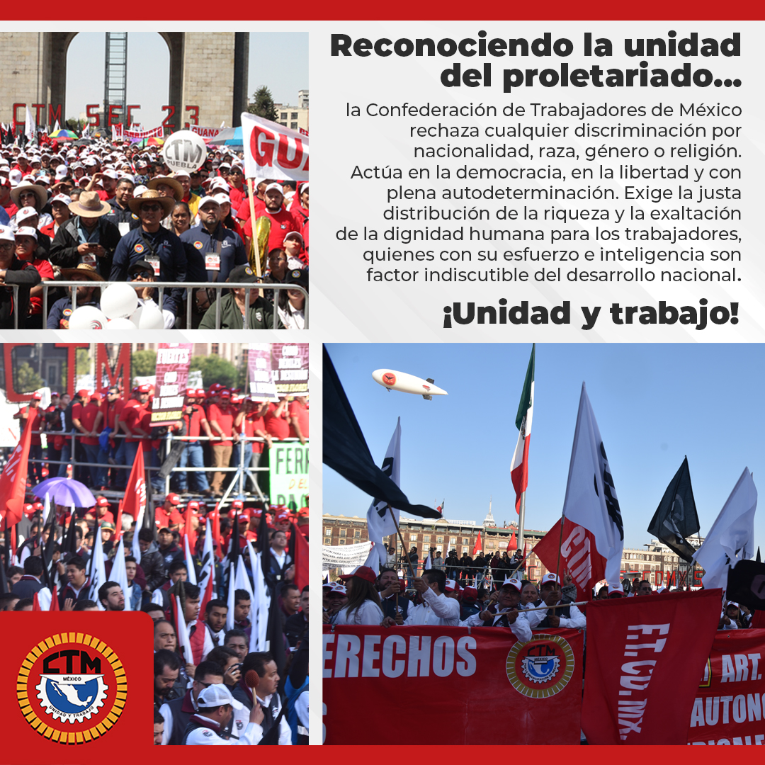 La <a href="/CTM_MX/">CTM Nacional</a>, desde su fundación, está destinada a ser partícipe de la defensa de las y los trabajadores y la construcción del México moderno.

¡Unidad y Trabajo!