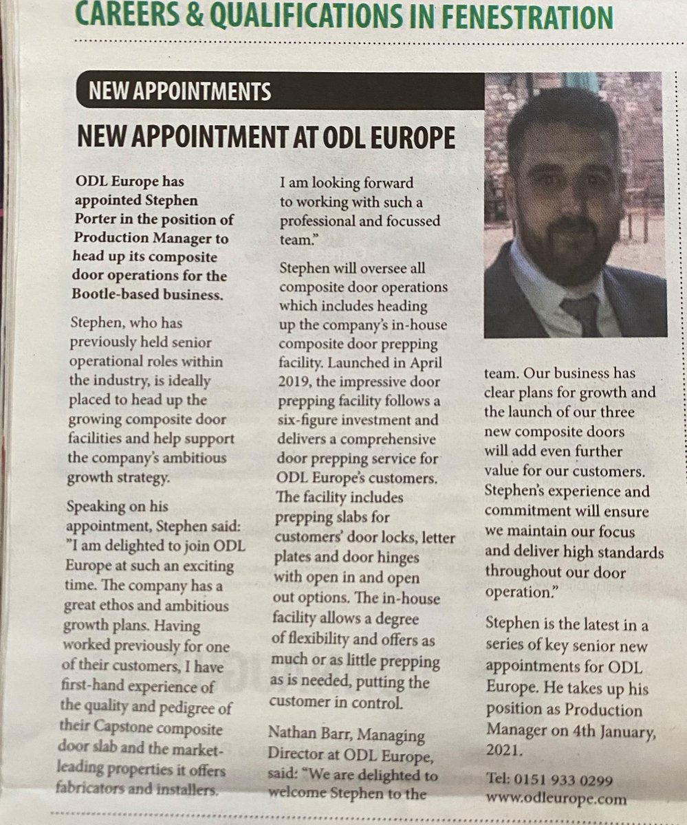 ODL_Europe's tweet photo. Our new Production Manager Stephen is featured in the latest @GlassNewsmag - he will oversee all our in-house composite door prepping. 🚪

#appointment #announcement #door #doorprep #compositedoor https://t.co/2bnTW5XXxP