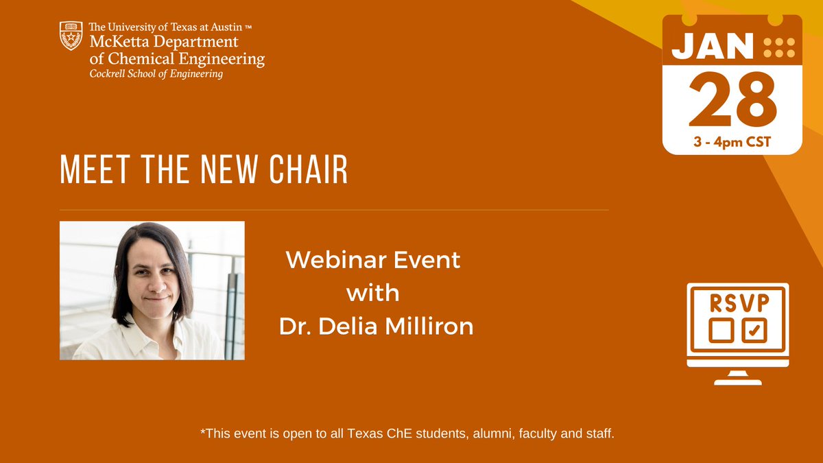 TexasChE (@texasche) on Twitter photo Join us on Jan. 28th to learn more about <a href="/TexasChE/">TexasChE</a>'s new Chair, Dr. Delia Milliron <a href="/DeliaMilliron/">Delia Milliron | @deliamilliron.bsky.social</a>. She will share insights into her background, career path & research interests, & discuss strategic priorities for the department in the upcoming years. RSVP: bit.ly/TexasChEChair2… Join us on Jan. 28th to learn more about <a href="/TexasChE/">TexasChE</a>'s new Chair, Dr. Delia Milliron <a href="/DeliaMilliron/">Delia Milliron | @deliamilliron.bsky.social</a>. She will share insights into her background, career path & research interests, & discuss strategic priorities for the department in the upcoming years. RSVP: bit.ly/TexasChEChair2…