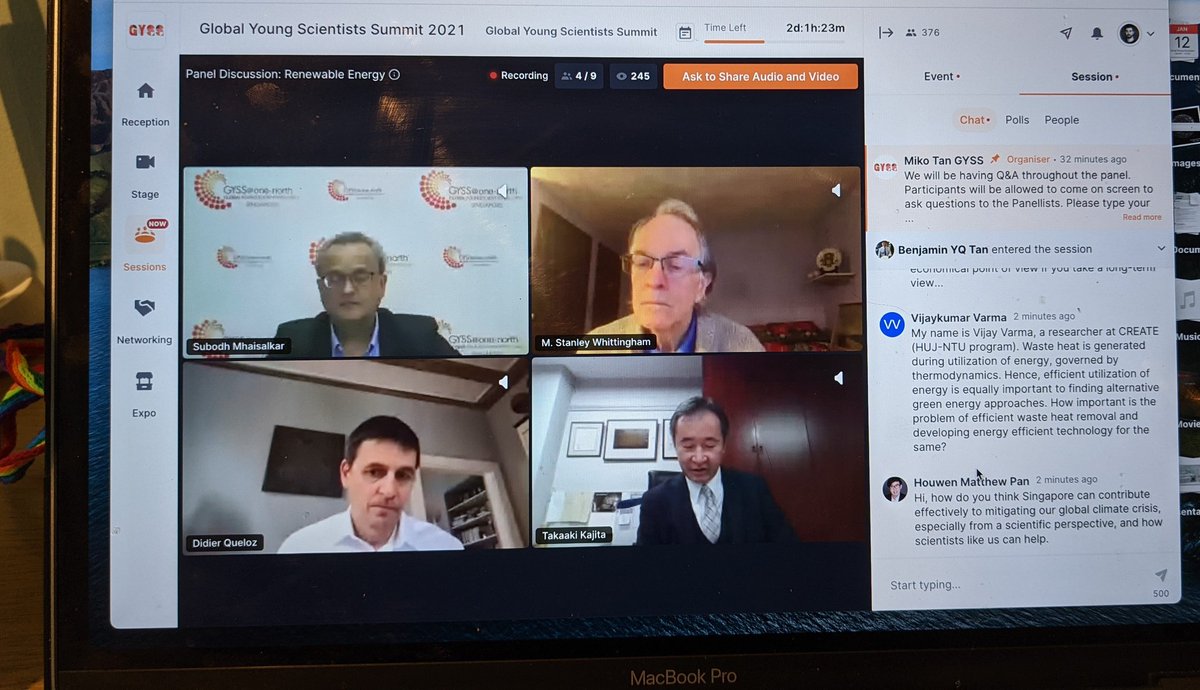 Day 2 of @gyss_sg 2021. Great panel discussion with Prof @DidierQueloz, Prof Whittingham and Prof Kajiita. So inspiring to hear their views on #renewablenergies and the impacts of humans on #climatechange