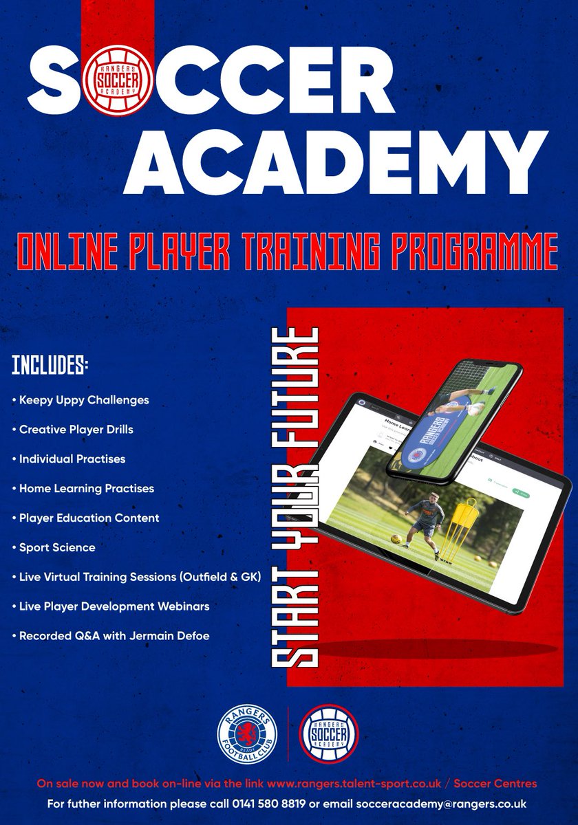 Scott Edgar (@scottedgar_w) on Twitter photo Rangers Soccer Academy Online Player Training Programme launches on Monday the 18th of January⚽️📲
Four weeks of interactive content for players across the world to continue their development🌎
Sign up now: onlineacademy.rangers.co.uk
or email socceracademy@rangers.co.uk 🔴⚪️🔵 Rangers Soccer Academy Online Player Training Programme launches on Monday the 18th of January⚽️📲
Four weeks of interactive content for players across the world to continue their development🌎
Sign up now: onlineacademy.rangers.co.uk
or email socceracademy@rangers.co.uk 🔴⚪️🔵