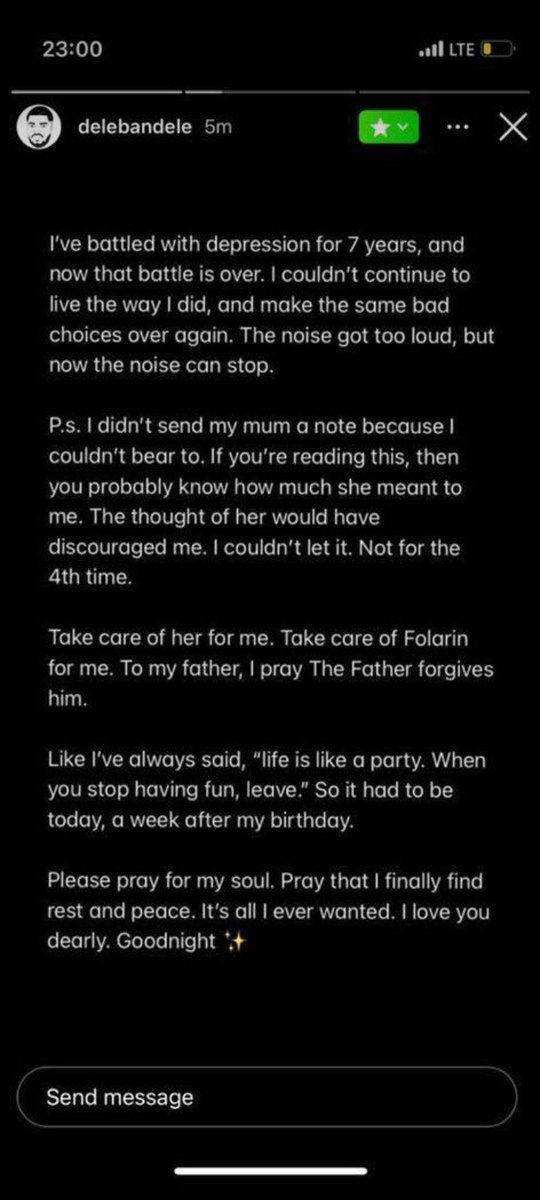 Apholerbee's tweet photo. "Life is like a party. When you stop having fun, leave" Please DON'T!!!

I don't know Dele before his story came up and I feel this broken. Now imagine how it'll be for his Friends and Family.

Suicide is never the Option.

RIP Dele.. May God forgive his shortcomings 🕊 💔 https://t.co/g5up4NQhi0