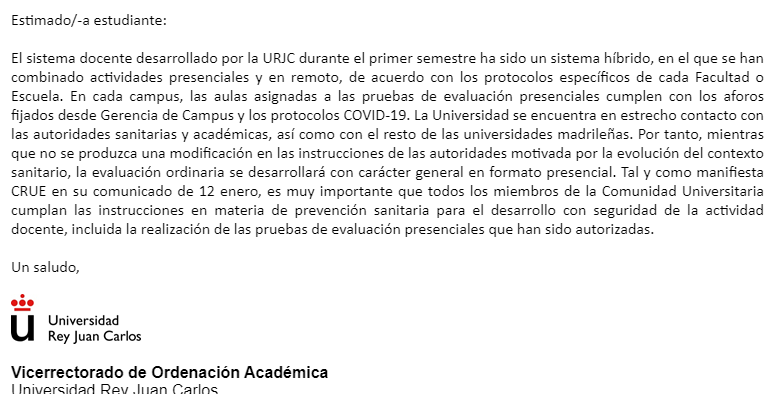 Esta es la respuesta automatizada que da la URJC #URJCobarde <a href="/sanidadgob/">Ministerio de Sanidad</a> <a href="/ComunidadMadrid/">Comunidad de Madrid</a> <a href="/urjc/">URJC</a> <a href="/SaludMadrid/">Salud Madrid</a> A ver si aceptáis de una vez que las condiciones no son las mismas que al inicio de curso y que la incidencia en Madrid cada día se dispara más.
Sed responsables