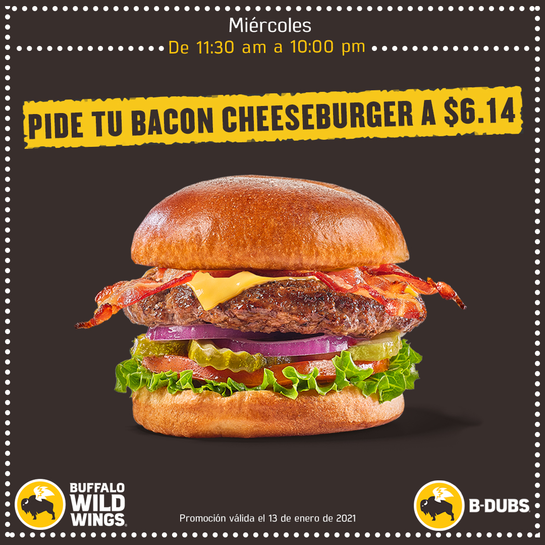 Pide tu delivery o ven a buscar tu Bacon Cheeseburger 🍔 a $6.14 hoy miércoles de 11:30 am a 10:00 pm ⁣
⁣⁣⁣⁣⁣
Nuestra clásica hamburguesa acompañada de tu elección de queso.Servida con lechuga, tomate, pepinillos y cebolla, INCLUYE BACON.⁣⁣⁣⁣⁣⁣⁣