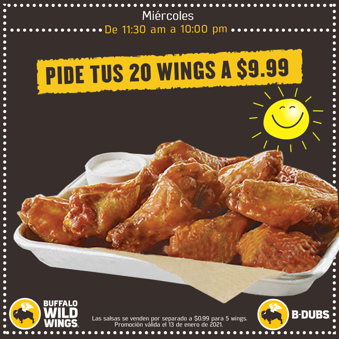 Pide tu delivery o ven a buscar tus 20 Wings por $9.99⁣
🍗🍗🍗⁣ Miércoles de 11:30 am a 10:00 pm ⁣
⁣⁣⁣⁣⁣
¡Realmente espectaculares! Vienen con 2 blue cheese.⁣
Las salsas se venden por separado a $0.99 para 5 wings.⁣
⁣
🚙Para Take Out llama al 387-0202⁣