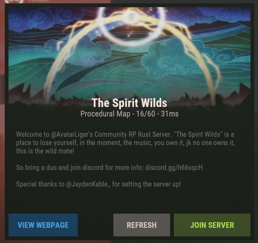 Yo. 
Forgive me. 
Been a bit MIA. 
Launched a RP Community Rust Server.

Friends, folks &amp; mutuals are welcome to come chill, enjoy RP &amp; learn the game. BUT OF COURSE Banter &amp; bloodlust is also welcome too! 😅

All info in discord under #rust-info Hope2Cya!
discord.gg/h66xqcH