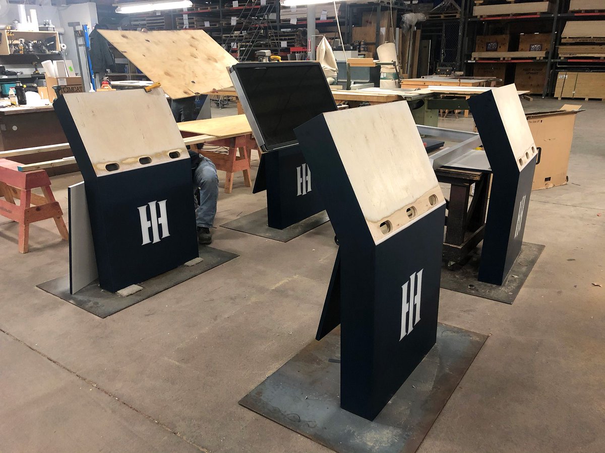 RESExhibits's tweet photo. A peak behind the scenes here in 2021. We’re wrapping up the finishing touches on a series of large format touchscreen kiosks. #stillproducing https://t.co/SJgK6VcCrY