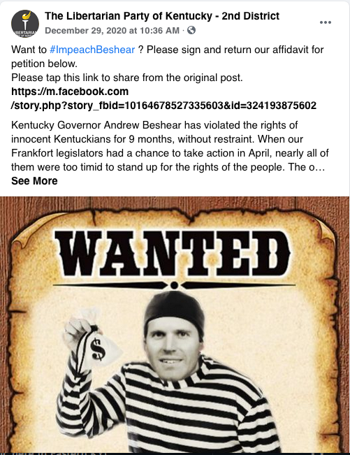 Randall Daniel is the 2nd Congressional District chair of the Libertarian Party of Kentucky. In December, the group’s page put the Governor’s face on a “Wanted” poster. This came after the governor was already hung in effigy.(6/11)