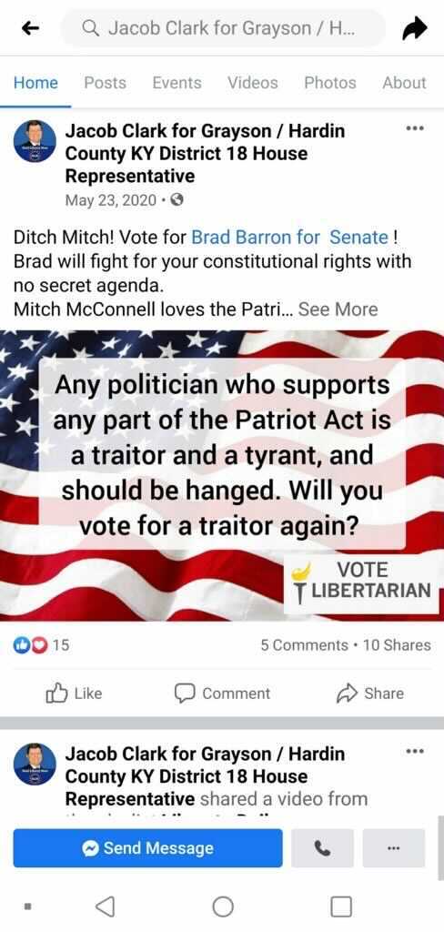 And Jacob Clark, a former Libertarian candidate for State House, posted on his campaign Facebook page that “any politician that supports the Patriot Act… should be hanged.” One day later, groups went to the Kentucky Capitol and hung the governor in effigy. (7/11)
