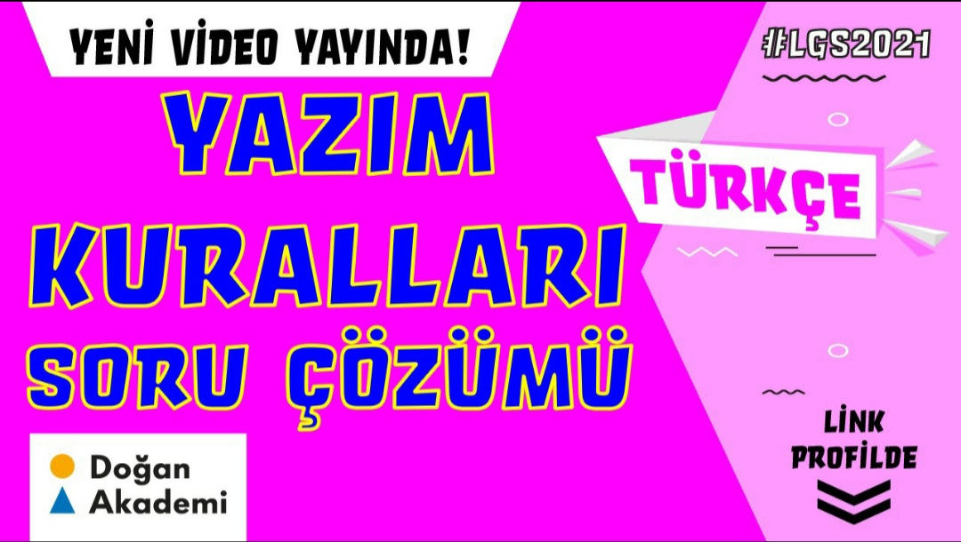 LGS 2021'e hazırlanmaya soluksuz devam ediyoruz. Evet, bugünkü dersimiz Türkçe! 📢 "🥳 ''Yazım Kuralları'' konu anlatımı ve örnek sorular ve ödüllü sorumuzla geldik.  👍🏻 Yeni videolardan haberdar olmak için bildirimlerini açık tutmayı unutma! 🤓 Link 👉 bit.ly/39wolHH