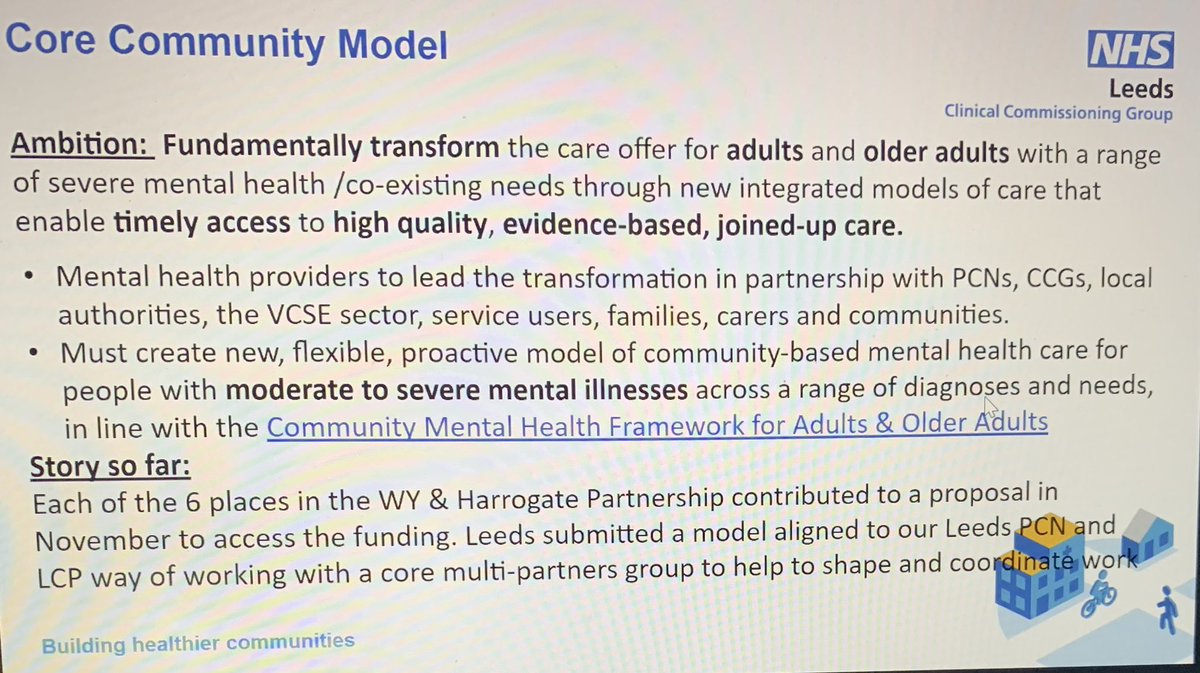 #Communitymentalhealthtransformation Third sector workshop underway now <a href="/MyForumCentral/">Forum Central</a> members. 31 reps from the sector here discussing the vision- proposed improved integrated, place-based pilot model and enhanced personalised, holistic, joined up offer for the People of Leeds