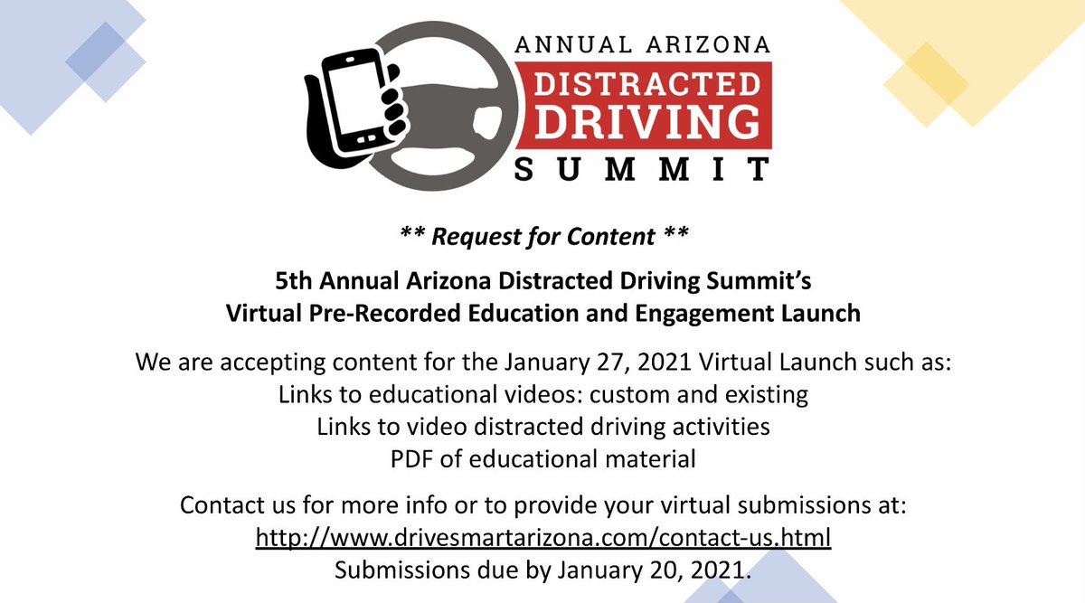 DriveSmartAZ's tweet photo. ** REQUEST FOR CONTENT! **
This year’s summit format has changed. If you are interested in providing content please see flyer below. https://t.co/AcauZKaZ3T
