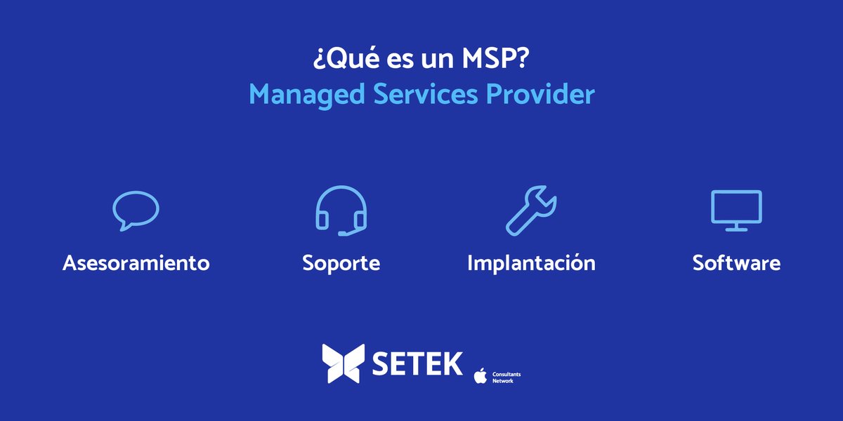 ¿Sabes lo que es un MSP? El servicio Managed Services Provider es una externalización de los departamentos de IT que abarca las cuatro verticales más importantes: asesoramiento, soporte, implantación y softwares.

📲 Entra en setek.es/MSP para más información.