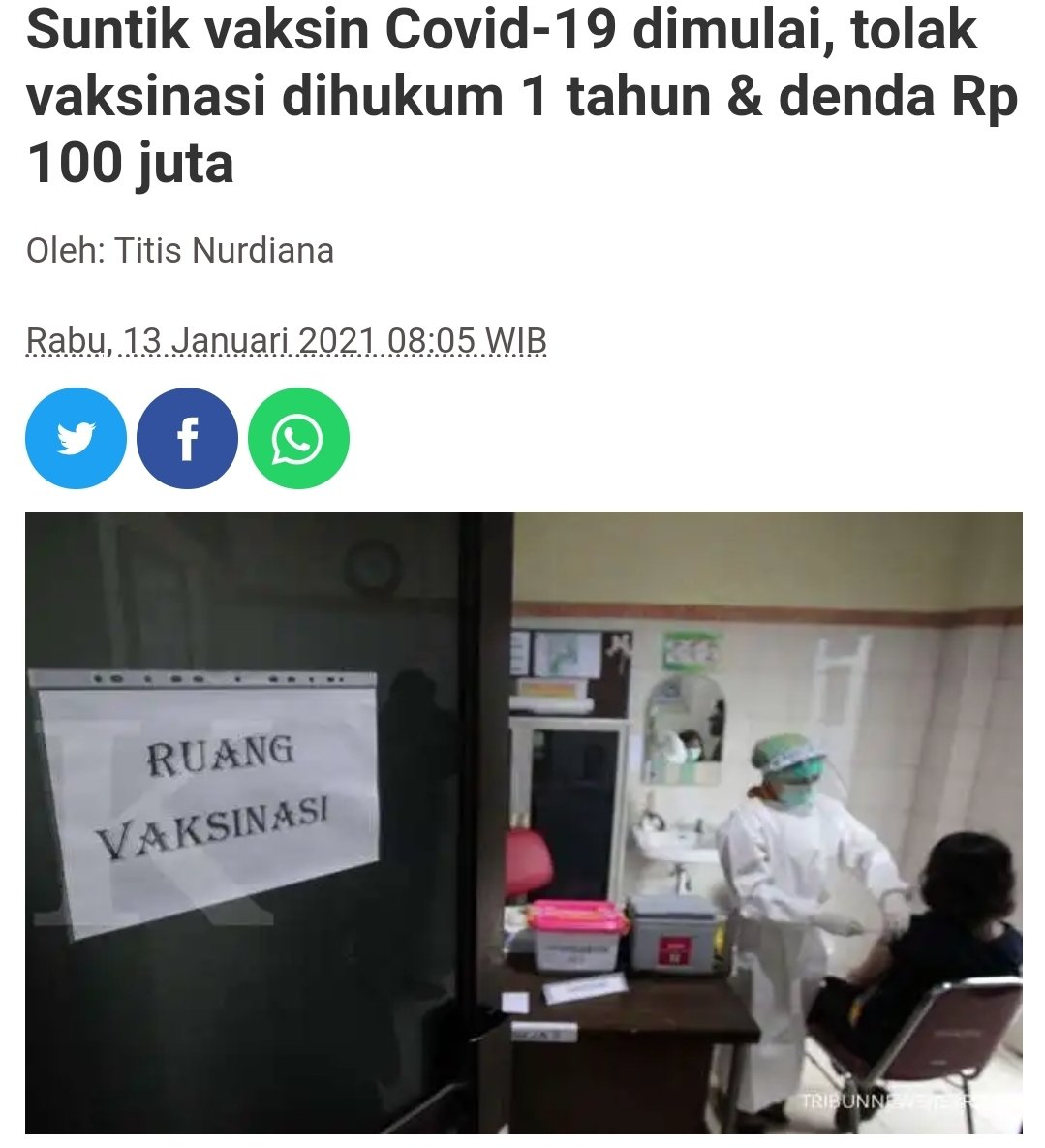 SantikaVeliz's tweet photo. Suntik vaksin Covid-19 dimulai, tolak vaksinasi dihukum 1 tahun &amp; denda Rp 100 juta
https://t.co/FFaS7LGorw https://t.co/6U3gIwoa35