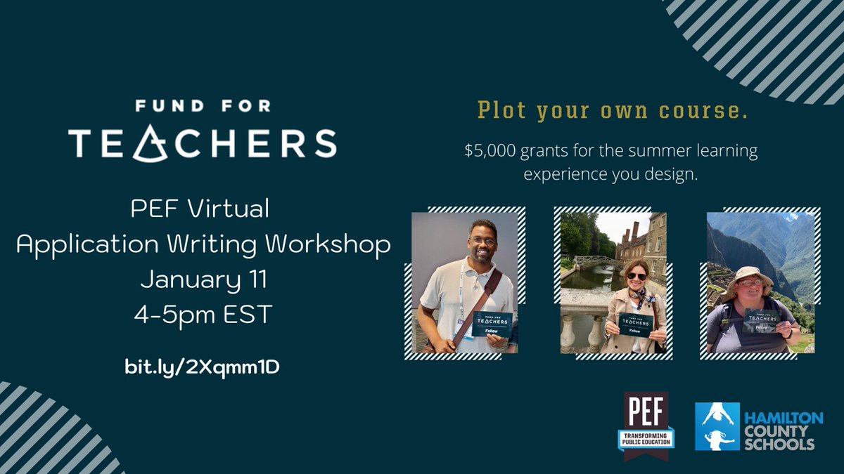 PEFinnovation's tweet photo. Started your @FundforTeachers application and have questions? 

Maybe you need someone to review your proposal and provide helpful feedback? 

If so, join our team tomorrow for an FFT application writing workshop. https://t.co/fbvYUI4w2L

And don't forget, apps are due by 1/21! https://t.co/ffDcLXrRYY