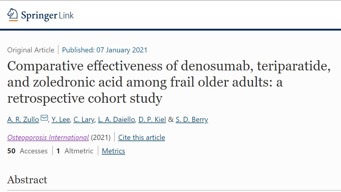 #Denosumab and #ZA may be as effective as #teriparatide for #hipfracture #prevention in #frailolderadults. 

Given their #lowercost and easier administration, denosumab and #Zoledronic are likely preferable nonoral treatments for most frail, #olderadults.

link.springer.com/article/10.100…