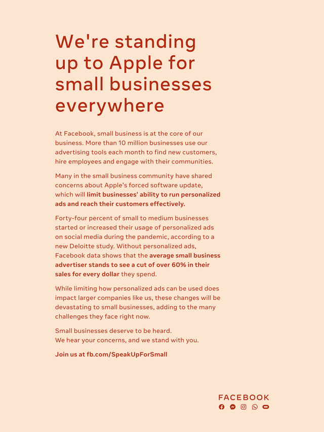 4/ These changes have sparked a feud between FB and Apple, which also drove FB to launch a mass media campaign including these full-page printed ads. FB aren't really the only platform that will take a hit, but definitely the loudest.