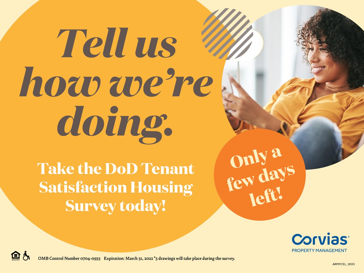 USArmyFortSill's tweet photo. The DoD Tenant Satisfaction Housing Survey is still accessible. Please take the survey by Jan 30 and let your voice be heard. Too easy! #FiresStrong #Corvias

#Values #Resiliency #ExcellenceintheFundamentals
@TRADOC @USArmy @usacac https://t.co/qNoePx3jSp