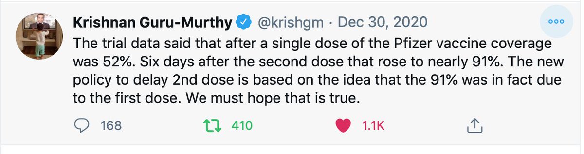 8 Simple Reasons Why Giving a 2nd Pfizer Dose After 12 Weeks Will Be a Public Health Disaster:1. An assumption has been made that the 90% efficacy reported in the Pfizer Phase 3 trials between Day 21 (when the 2nd dose is given) and Day 28, is entirely due to the 1st dose.
