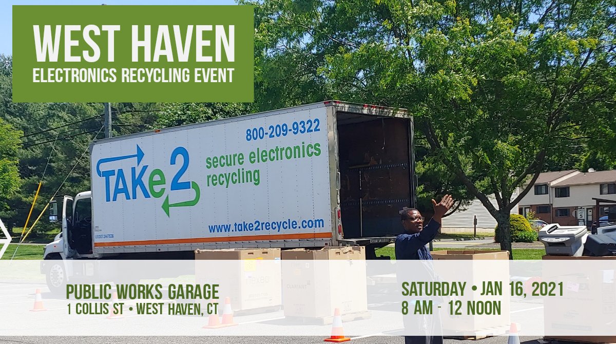 Take2Recycle's tweet photo. West Haven residents - mark your calendars for this Saturday &amp; get rid of your old, unwanted electronics! #ctrecycles https://t.co/h9kalCQcKj