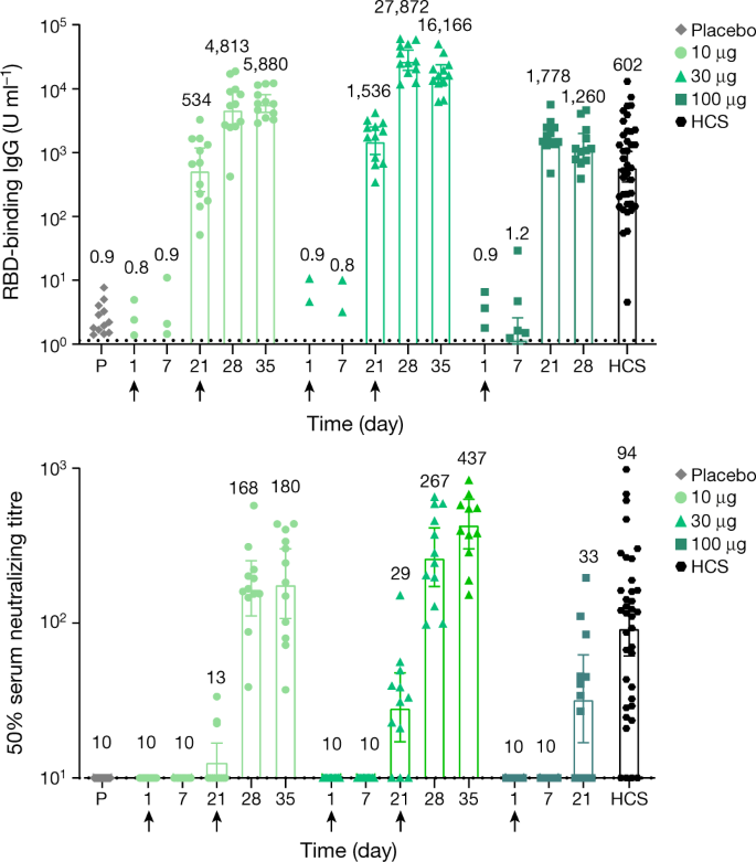 5. Two 10 μg doses given 3 weeks apart, exhibit VASTLY higher numbers than one 100 μg dose.6. The single dose at its PEAK (Day 21), is LESS effective than human convalescent plasma from recovering Covid patients.