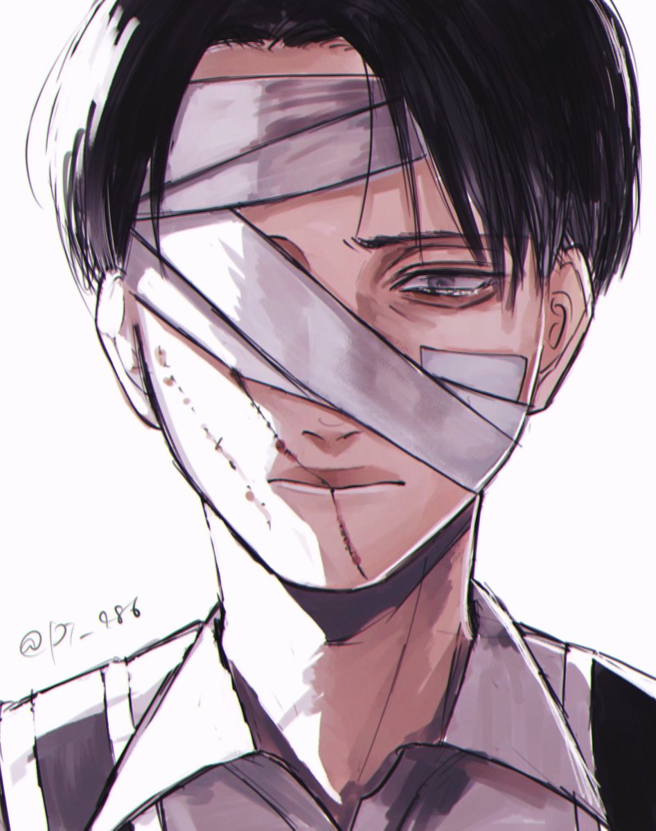 levi (shingeki no kyojin) 1boy male focus black hair solo bandages bandage over one eye bandaged head  illustration images