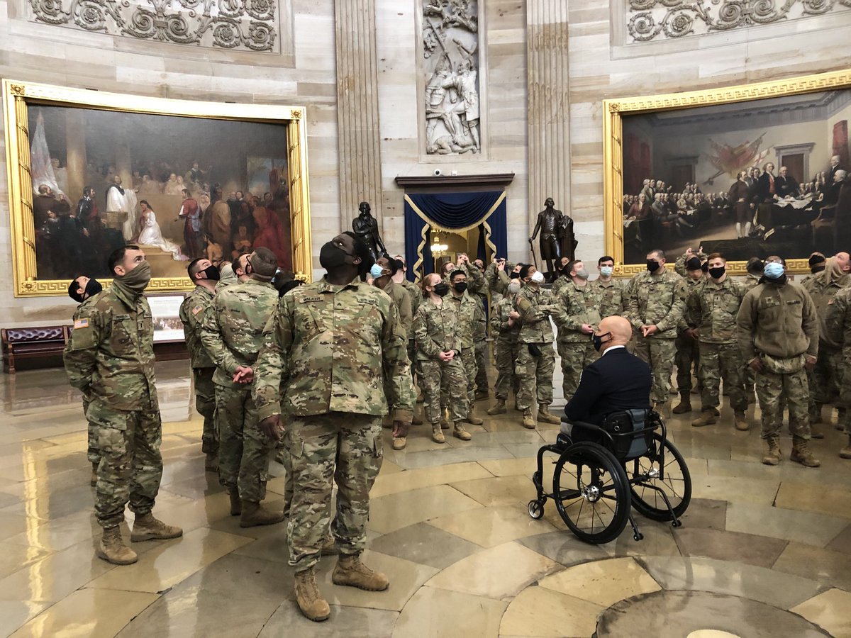 Rep. Brian Mast, a military combat veteran, is giving history lesson to US troops deployed to the Capitol. Says he’s going to try to get them into the Speakers Gallery for the famous view.