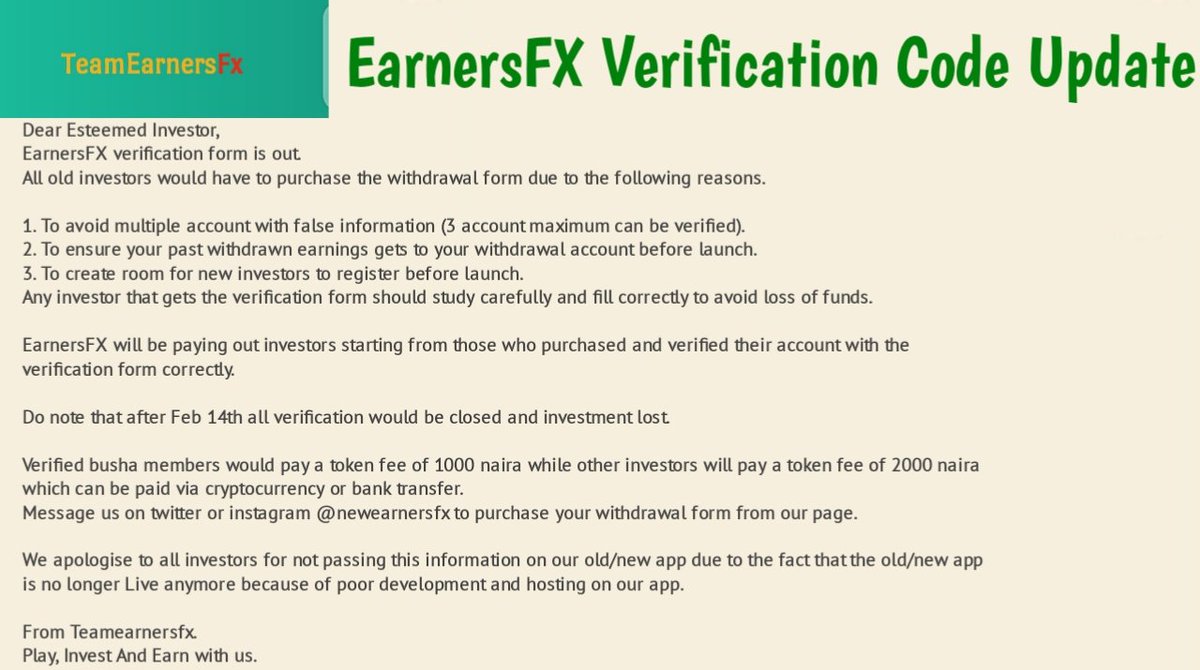 NewEarnersfx's tweet photo. EARNERSFX VERIFICATION CODE UPDATE HAS BEEN PUT IN PLACE FOR ALL INVESTORS TO ACCESS NOW, MESSAGE US TO PURCHASE YOUR VERIFICATION FORM AND COUPON CODE NOW

FROM TEAM EARNERSFX
@NEWEARNERSFX
#EARNERSFX #TEAMEARNERSFX #EFX #EFXUPDATE #NEWEARNERSFX #NEFX https://t.co/wjeXqow2uL