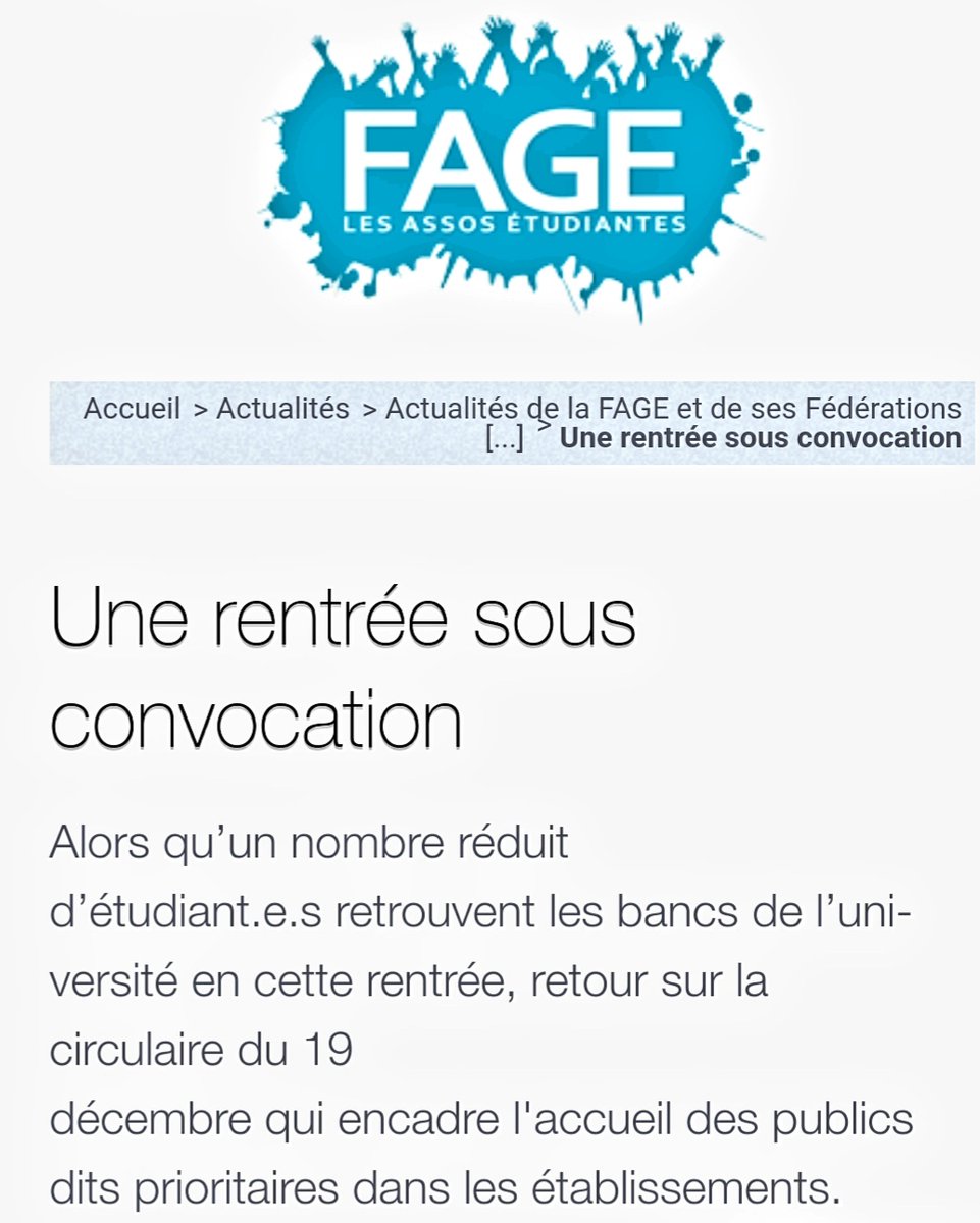 #Rentrée2021 | 15 vice-présidents et vice-présidentes signent un article aux côtés de la FAGE.

Une jauge de 10 étudiants maximum est irréaliste, une attention particulière sur la santé mentale de tous les étudiant.e.s doit être portée 
⬇️⬇️
fage.org/news/actualite…

Cc <a href="/La_FAGE/">FAGE</a>