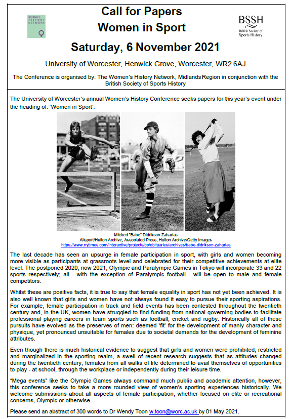 More exciting news about our <a href="/WHN_WM/">WomensHistNetworkWM</a> and <a href="/BritSportHisSoc/">BSSH</a> conf. #WomenInSport, Nov. 6 2021. The keynote address ‘“All work and no play makes a dull wife and a tired mother”: Women and Sport in SWW Britain’ will be delivered by <a href="/RafNicholson/">Raf Nicholson</a> &amp; <a href="/matthew_mtaylor/">Matthew Taylor</a>